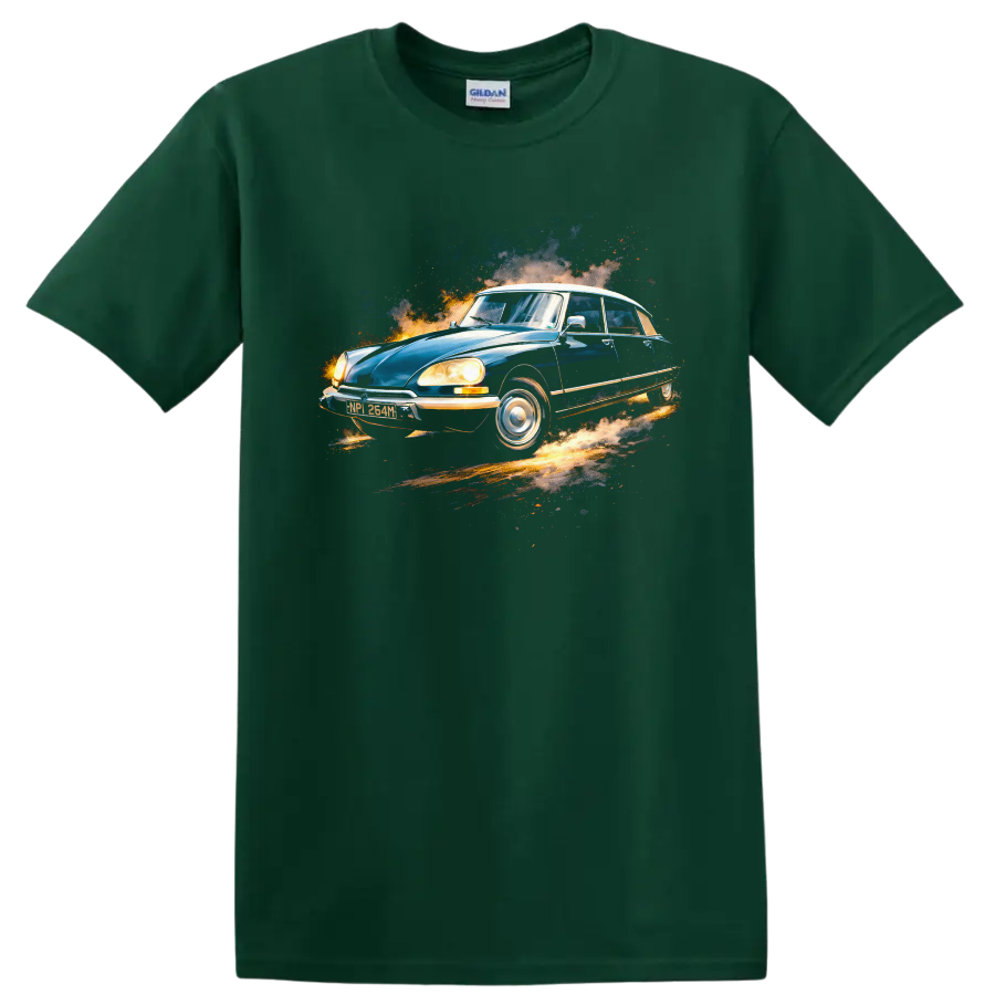 Blue Citroën DS classic car graphic print T shirt on a Forest Green T Shirt