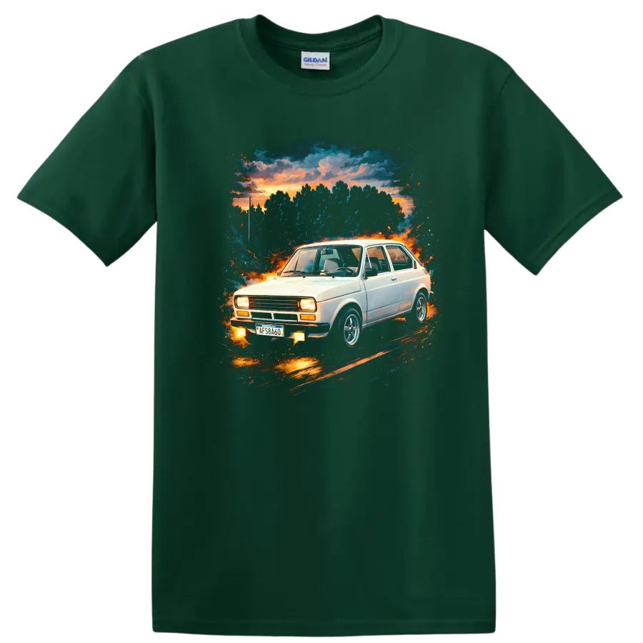 Fiat 147 old car graphic print with sunset and splatter artwork on a T shirt on a Forest Green T Shirt