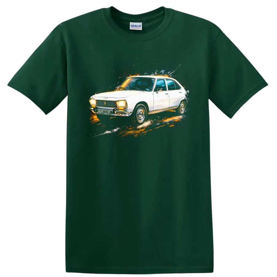 White Peugeot 504 classic car with colorful paint-splash graphic print on a Forest Green T Shirt
