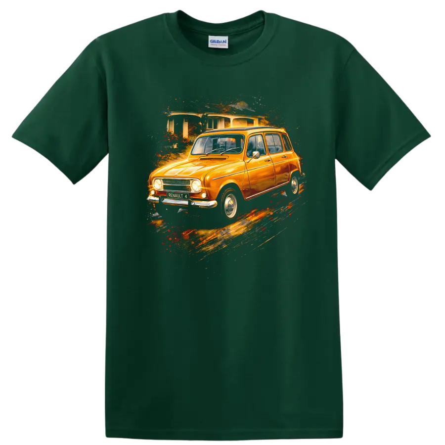 Orange Renault 4 classic car graphic print with painterly splash effect on a Forest Green T Shirt