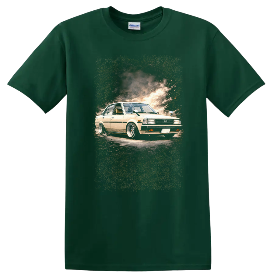 Beige Toyota Corolla KE70 old car graphic print with smoky automotive backdrop on a Forest Green T Shirt