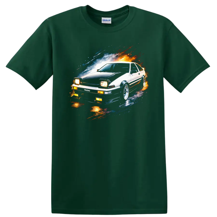 Toyota Sprinter Trueno AE86 car graphic print with racing motion streaks on T shirt on a Forest Green T Shirt