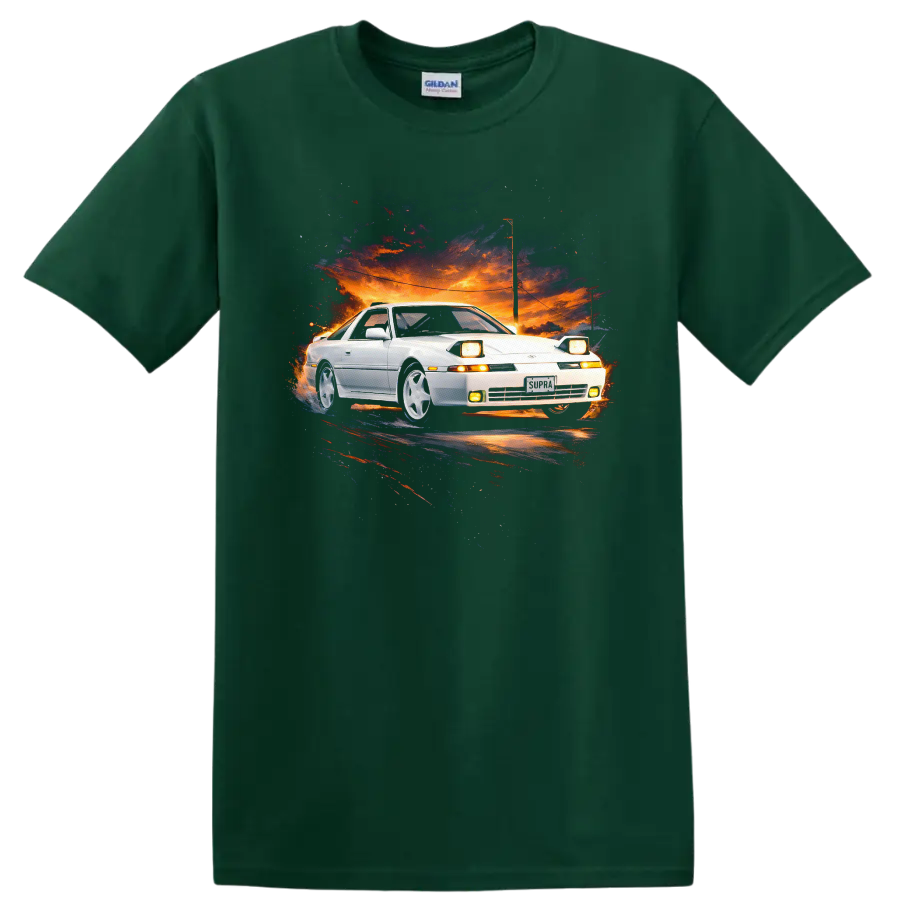 White Toyota Supra MK3 car art on a sunset background graphic T shirt on a Forest Green T Shirt