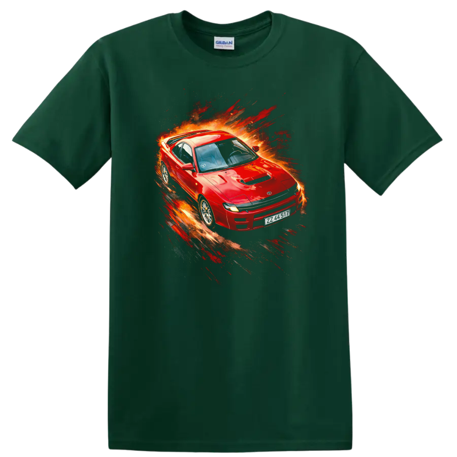 Red Toyota Celica GT-Four RC with explosive motion paint-splash graphic on a black T-shirt on a Forest Green T Shirt