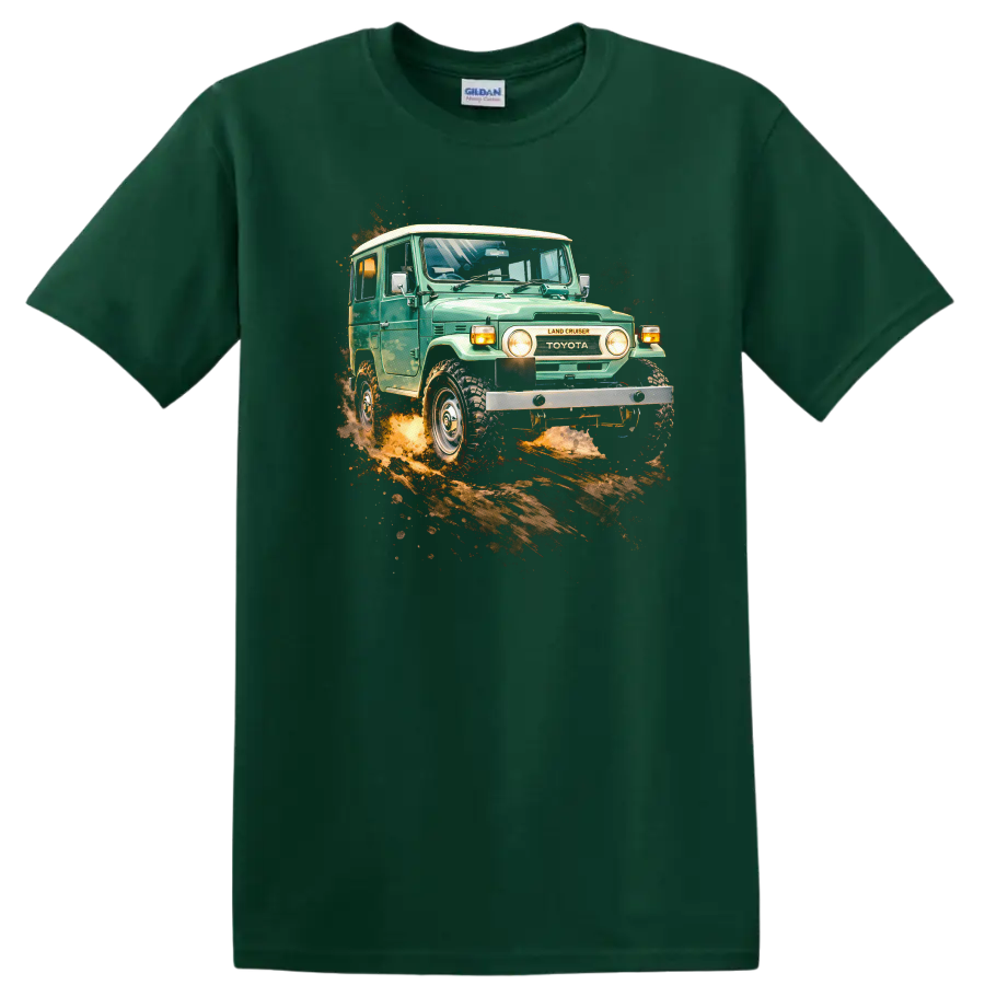 Vintage Toyota Land Cruiser J40 driving through dirt with off-road splash graphic print on a Forest Green T Shirt