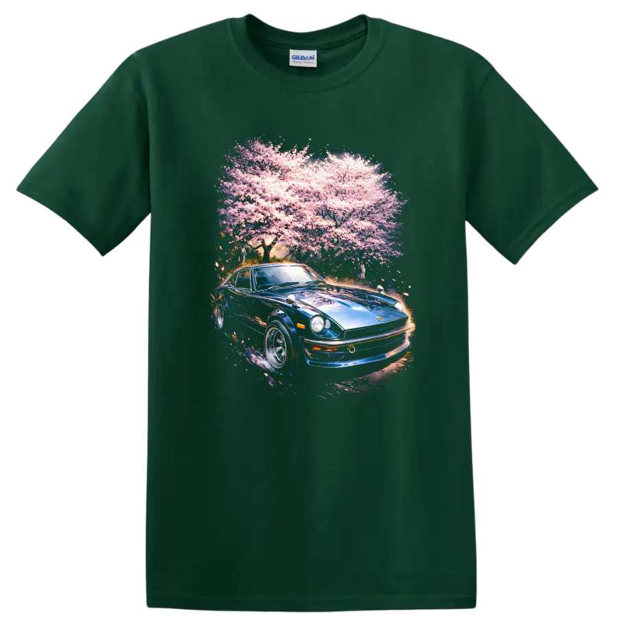 Blue Datsun 240Z under pink cherry blossoms graphic print T Shirt on a Forest Green T Shirt