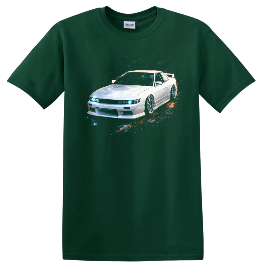 White Nissan Silvia S13 car graphic with blue headlights and pixel splash effect on a Forest Green T Shirt