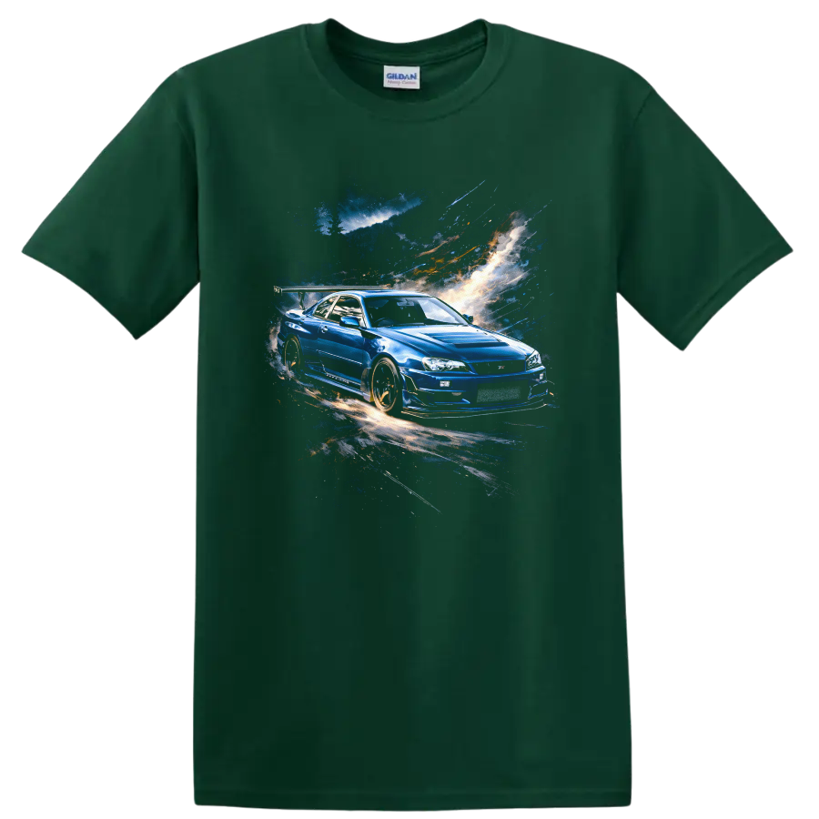 Blue Nissan Skyline GT-R R34 street racing graphic print T shirt on a Forest Green T Shirt