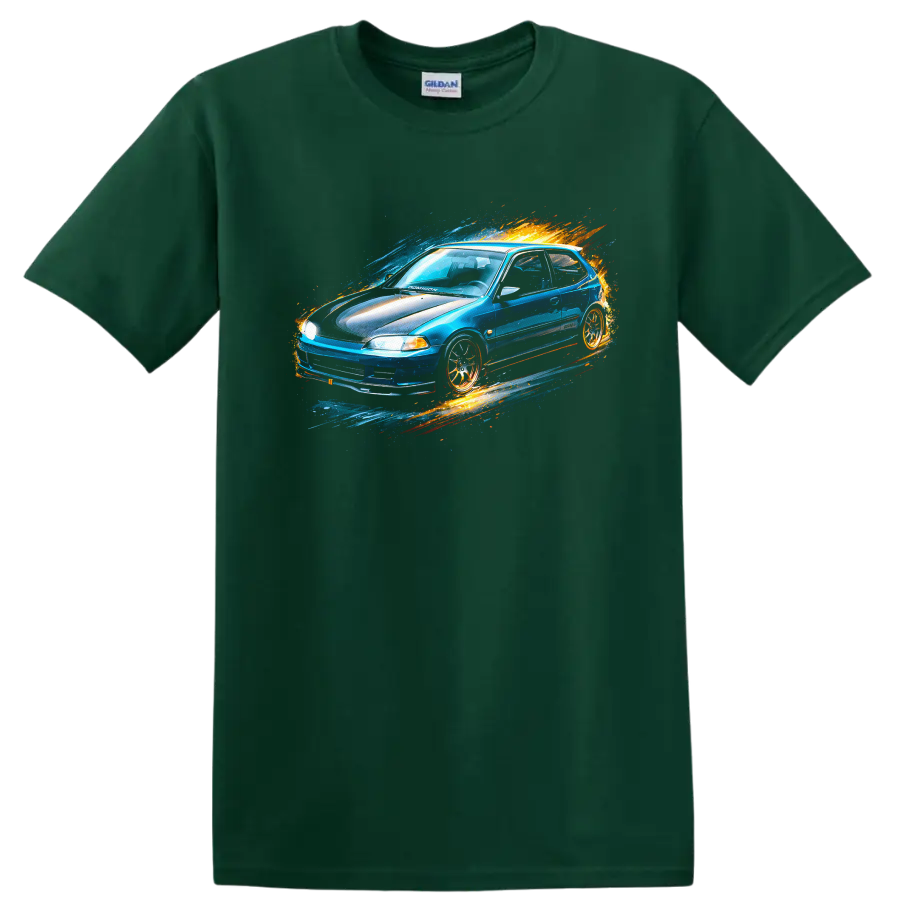 Blue Honda Civic EG hatchback with colorful splash graphic print on a Forest Green T Shirt