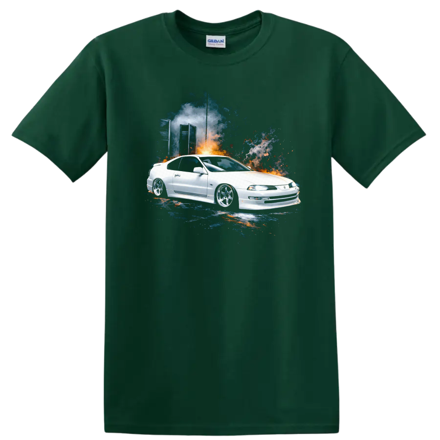 White Honda Prelude with colorful smoke graphic print T shirt on a Forest Green T Shirt