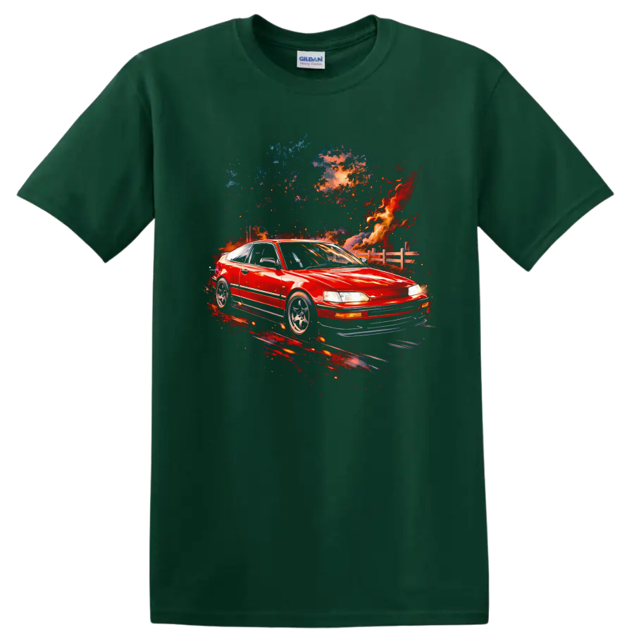 Red Honda CRX VTEC with colorful abstract flames graphic on black T shirt on a Forest Green T Shirt