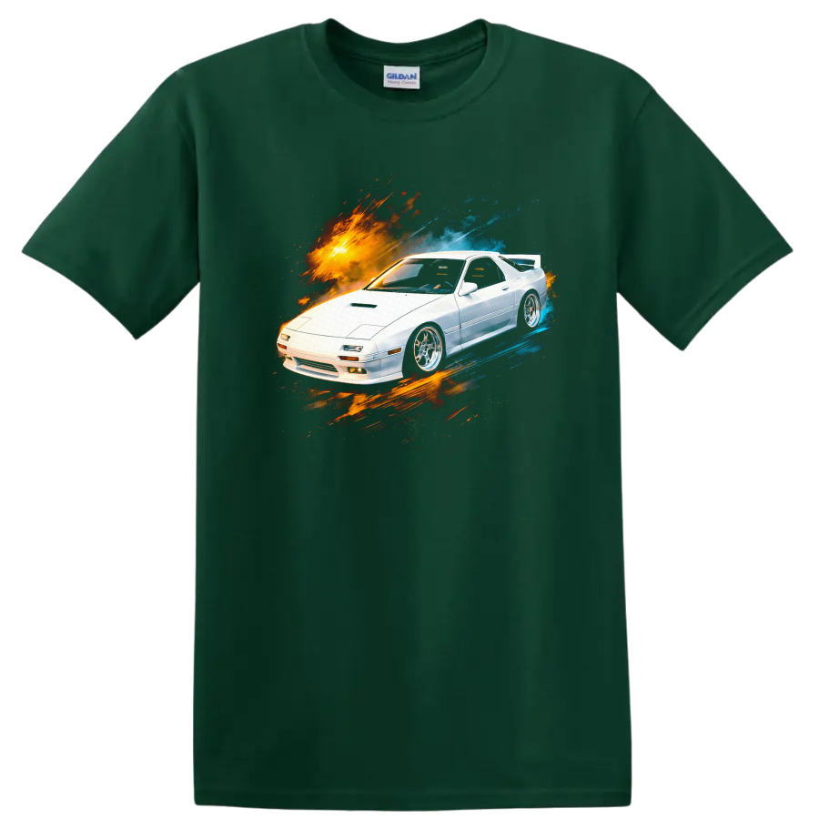 White Mazda RX-7 FC3S with orange and blue paint burst graphic on black on a Forest Green T Shirt