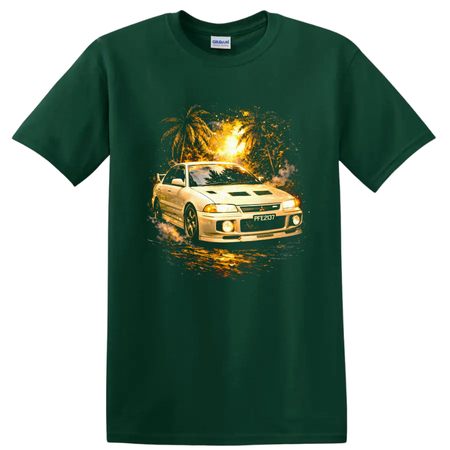 Mitsubishi Lancer Evolution III car graphic with palm trees and glowing sunset on a Forest Green T Shirt