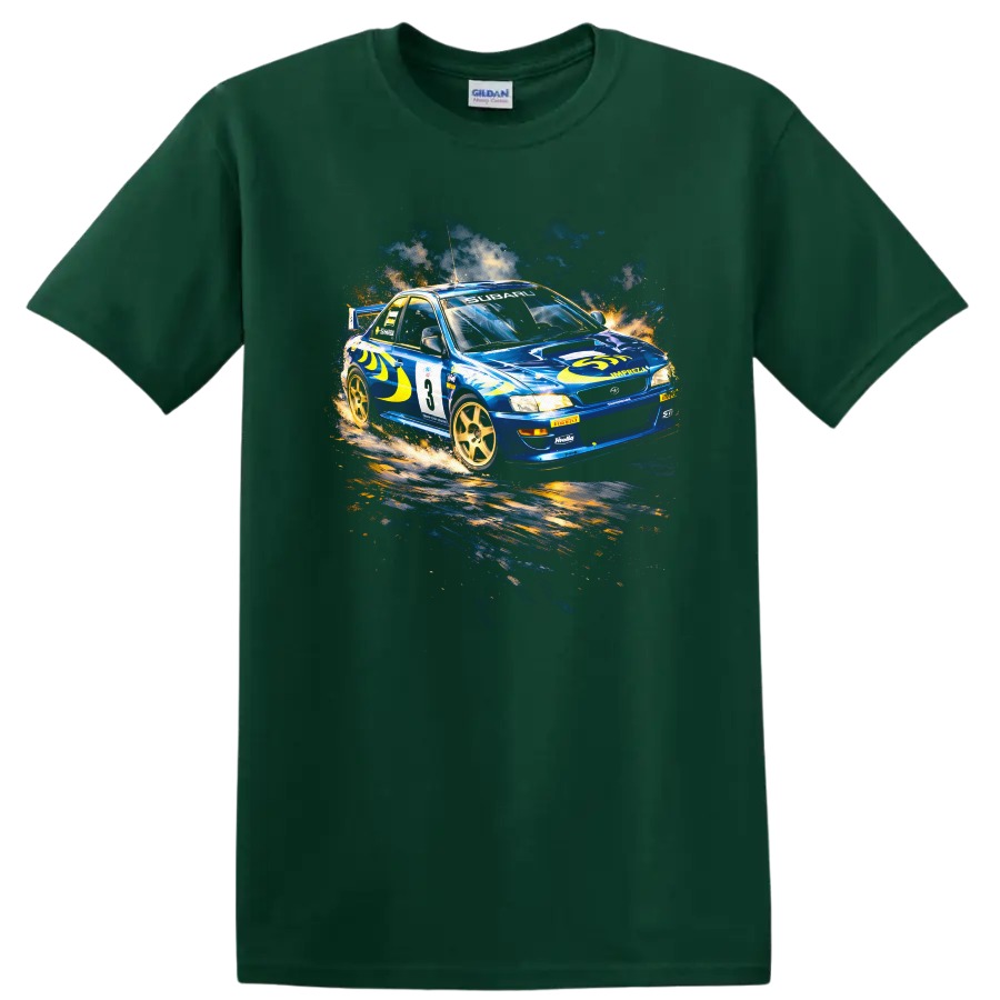 Blue Subaru Impreza WRC rally car graphic print T shirt on a Forest Green T Shirt