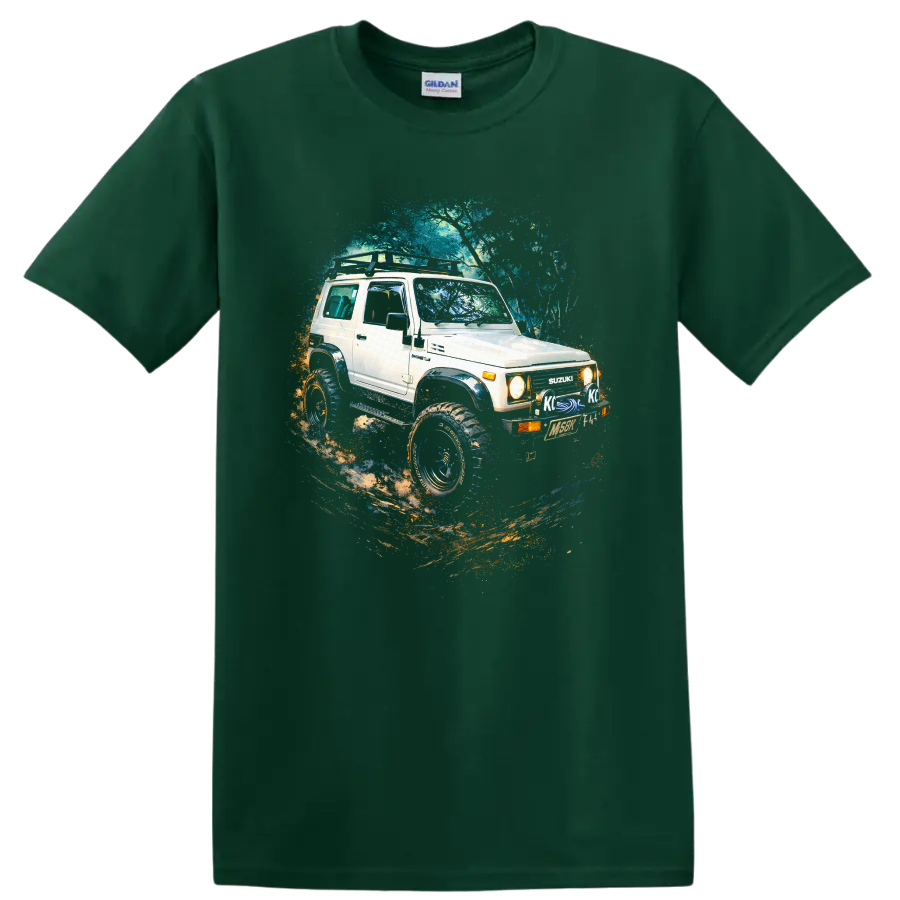 1992 Suzuki Jimny lifted off road SUV graphic print T shirt on a Forest Green T Shirt