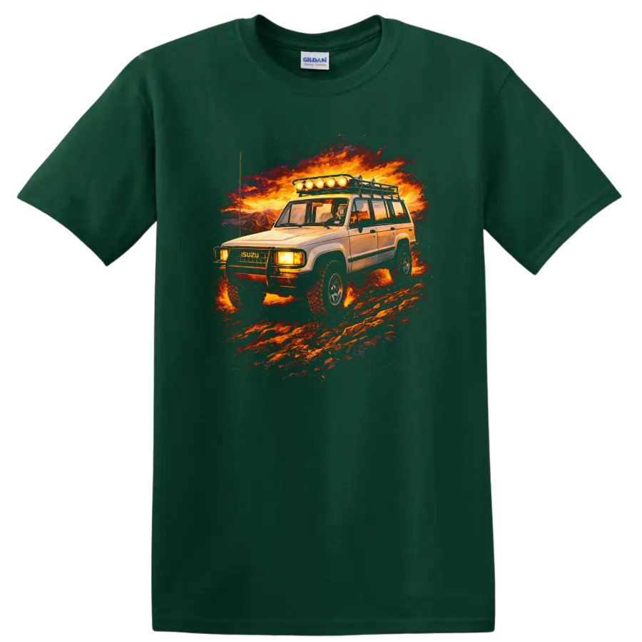 Isuzu Trooper old car graphic print with fiery off road scene on a Forest Green T Shirt