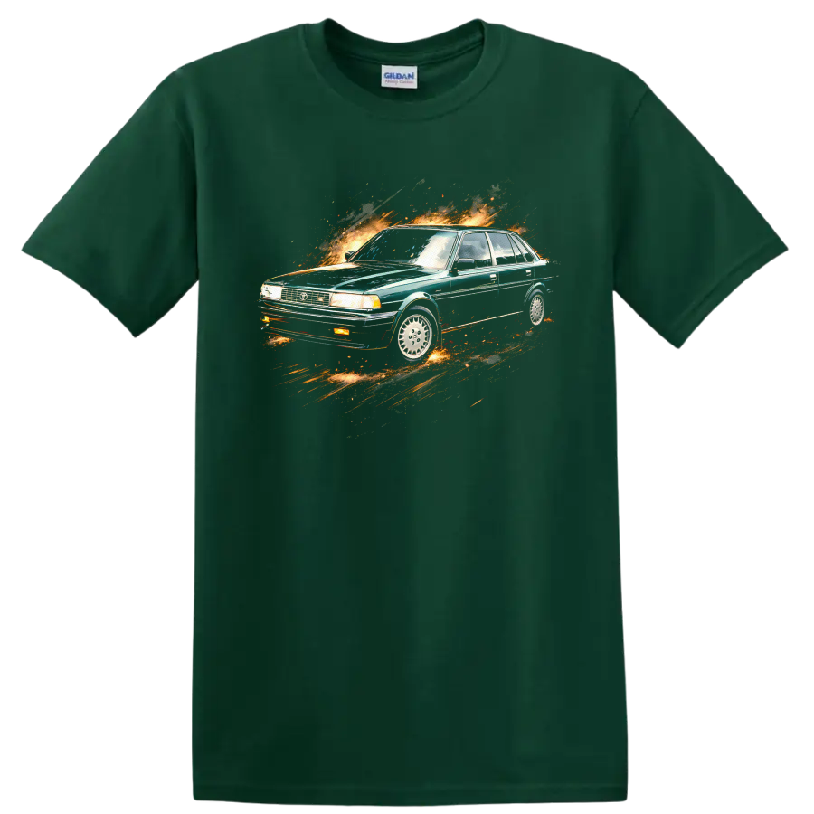Toyota Camry II sedan graphic print with fiery motion effect on a Forest Green T Shirt
