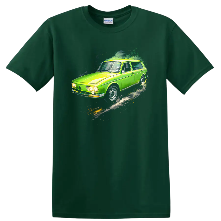 Green Volkswagen Brasília old car graphic print T-shirt on a Forest Green T Shirt