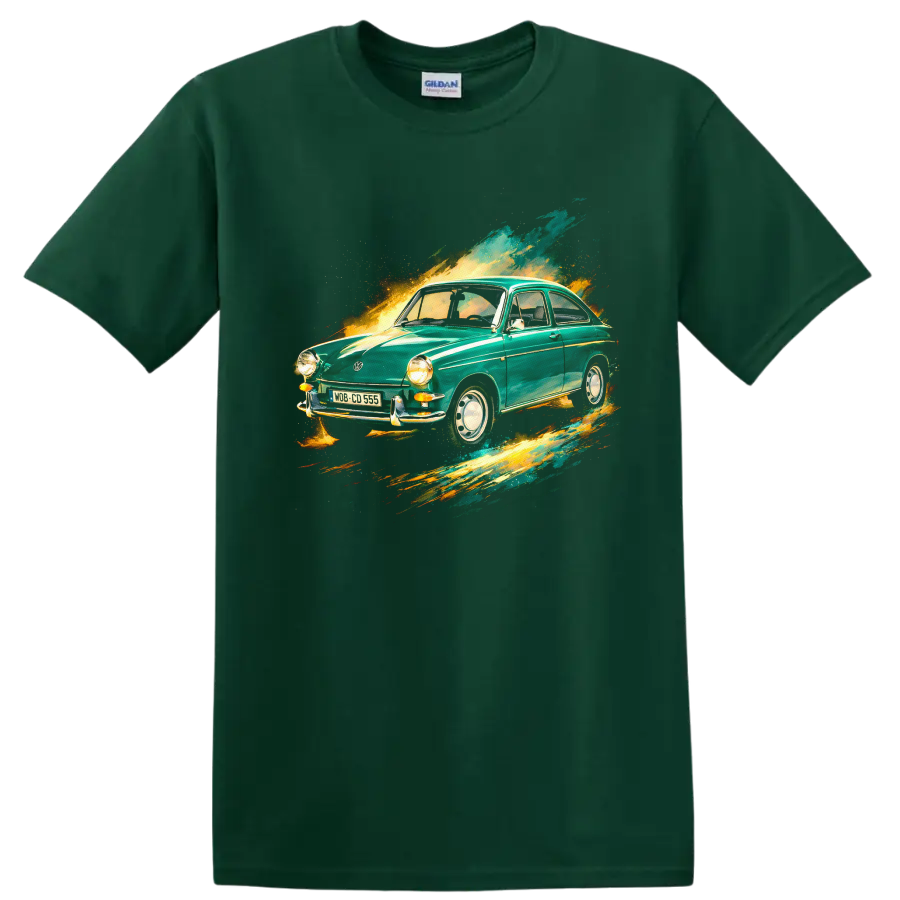 Vintage Volkswagen Type 3 car with colorful paint-splash graphic print T-shirt on a Forest Green T Shirt