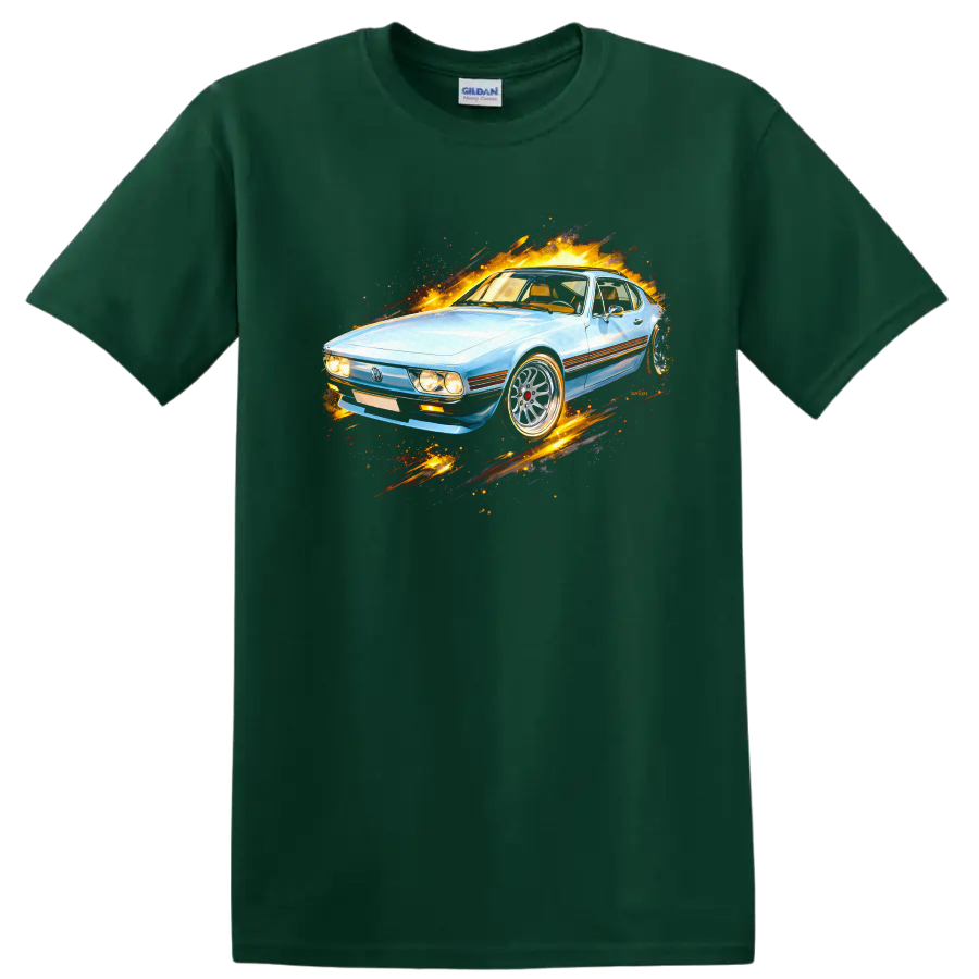 Light blue Volkswagen SP2 old car graphic print with fiery motion effects on a Forest Green T Shirt