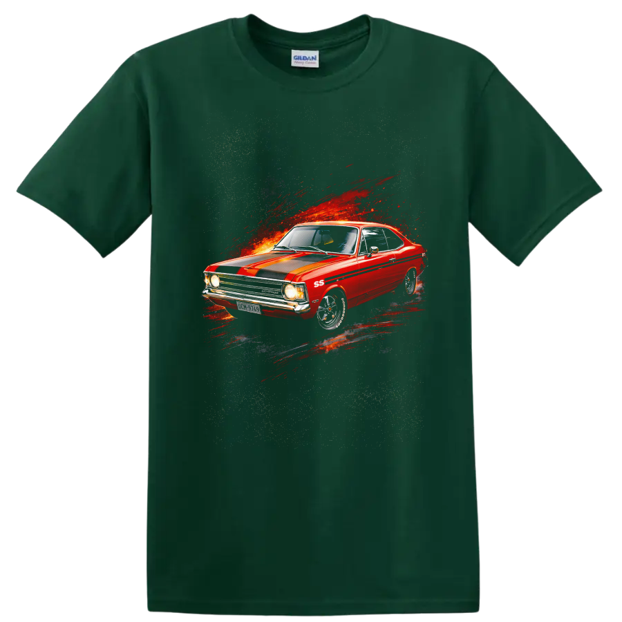Red Chevrolet Opala SS classic car graphic print T shirt on a Forest Green T Shirt