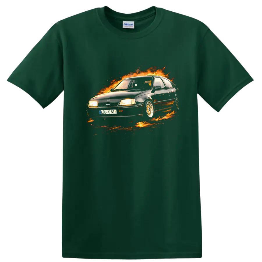 Opel Kadett E GSi car surrounded by flames graphic on T shirt on a Forest Green T Shirt