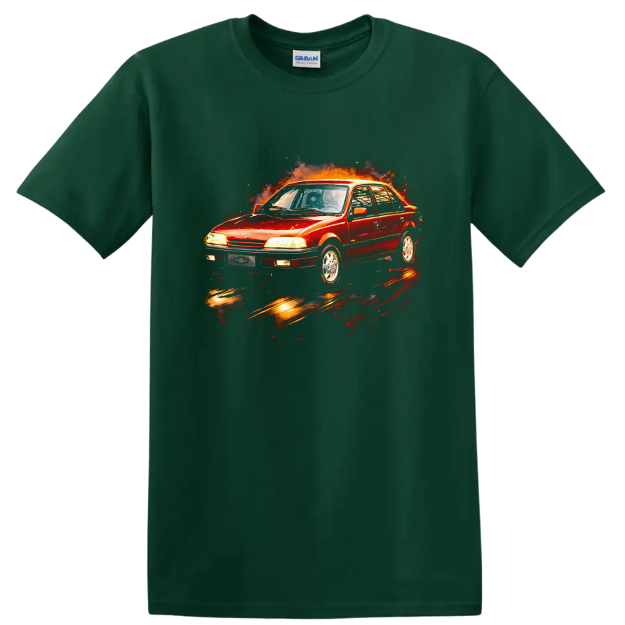 Red Chevrolet Monza old car graphic with fiery burst on a T shirt on a Forest Green T Shirt