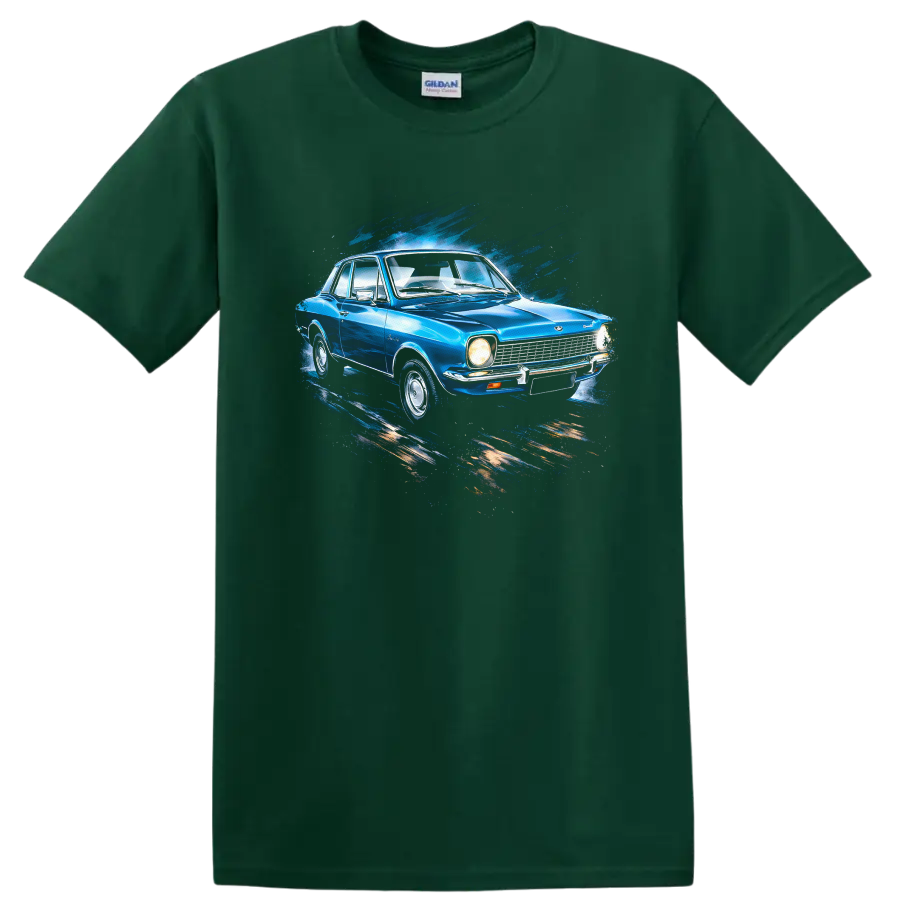 Blue Ford Corcel old car with splash art graphic print T shirt on a Forest Green T Shirt