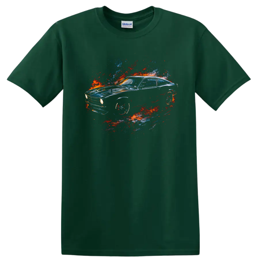 Vintage Ford Maverick car with fiery blue red graphic print on black T shirt on a Forest Green T Shirt