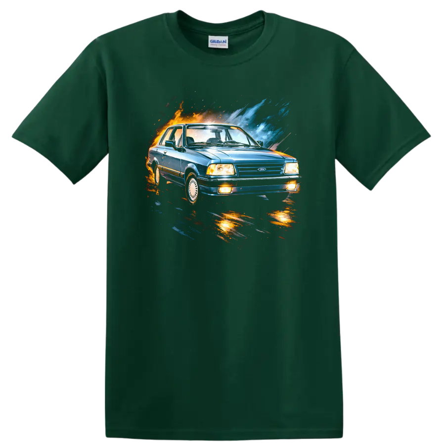 Blue Ford Del Rey classic car with orange and blue splash effects graphic print on a Forest Green T Shirt