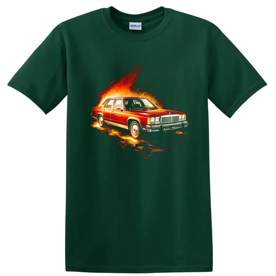 Red Ford LTD old car with fiery burst graphic print on a black T shirt on a Forest Green T Shirt