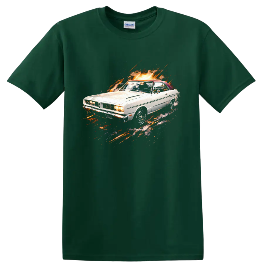 White Dodge Dart old car with fiery graphic burst on a black T-shirt on a Forest Green T Shirt