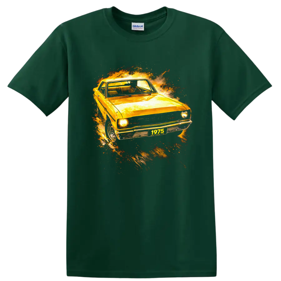 1975 Dodge Dart with fiery vintage car graphic print on T shirt on a Forest Green T Shirt