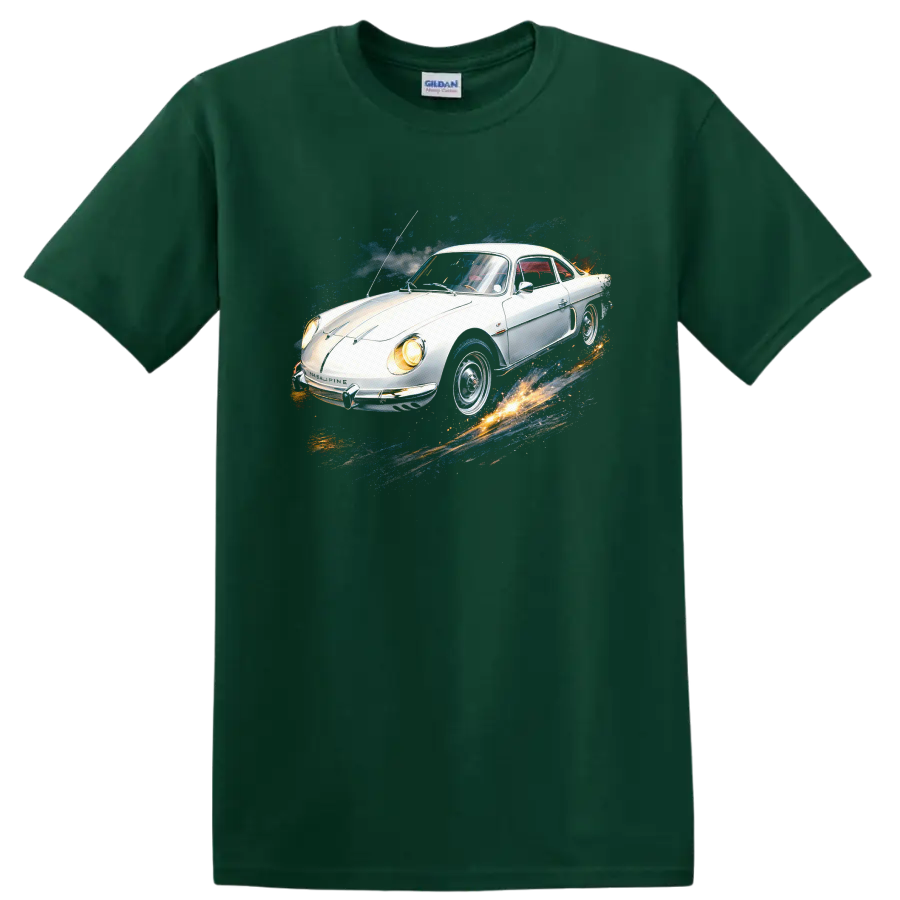 White Alpine A110 classic car with colorful splash graphic print on a Forest Green T Shirt