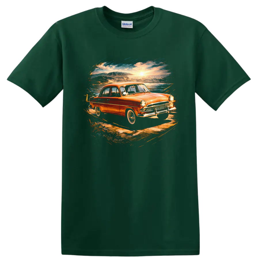 Aero-Willys 1962 old car sunset coastal graphic T shirt on a Forest Green T Shirt