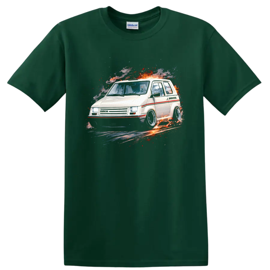 White Gurgel BR-800 old car with explosive retro graphic print on black T shirt on a Forest Green T Shirt