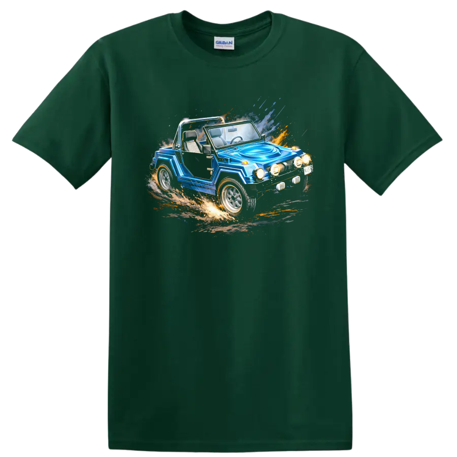 Blue Gurgel X12 off-road car graphic print with motion splash effects on a Forest Green T Shirt