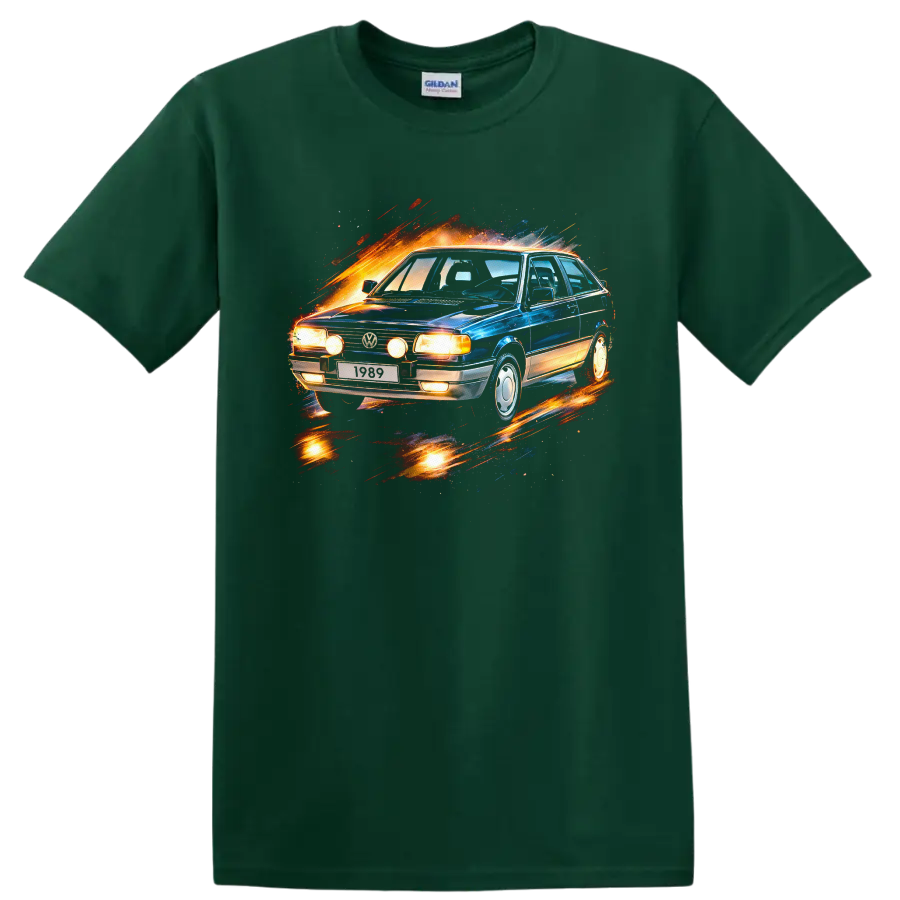 Vintage Volkswagen Gol car with fiery motion splash graphic print on T shirt on a Forest Green T Shirt