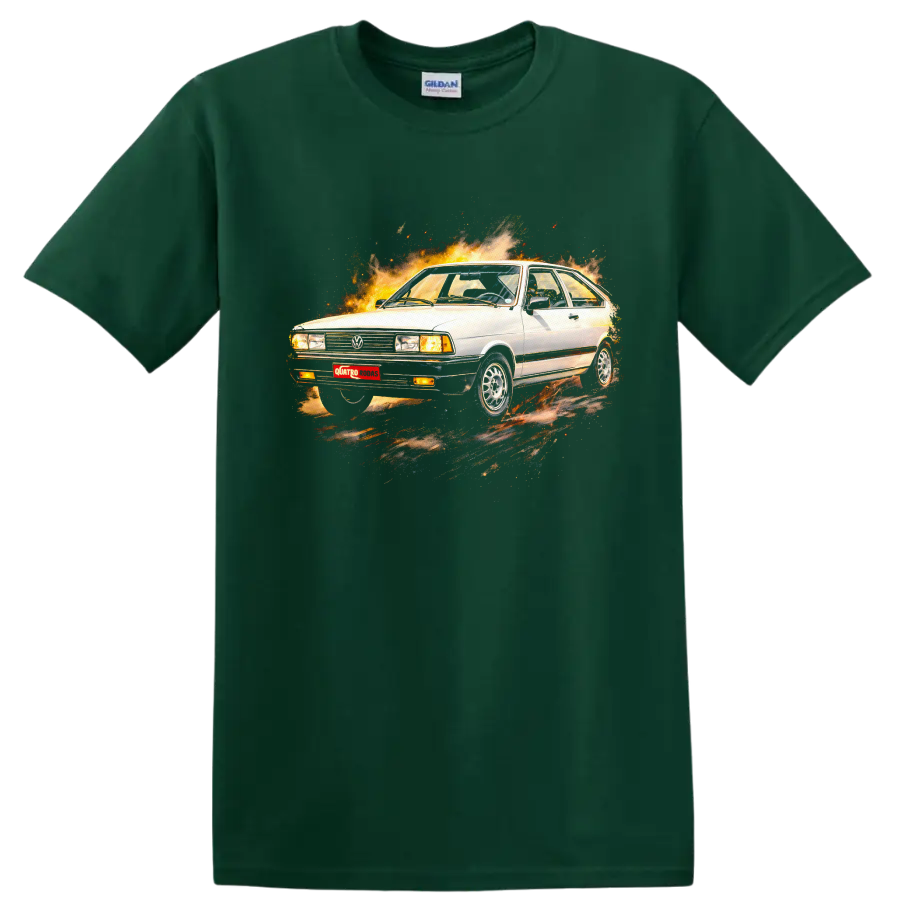 White Volkswagen Passat B1 surrounded by flames on a graphic print T-shirt on a Forest Green T Shirt