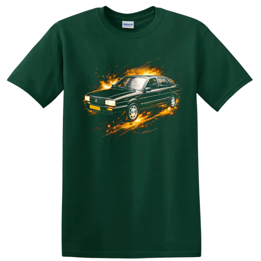 Volkswagen Santana old car with flames and motion streaks graphic print on T shirt on a Forest Green T Shirt