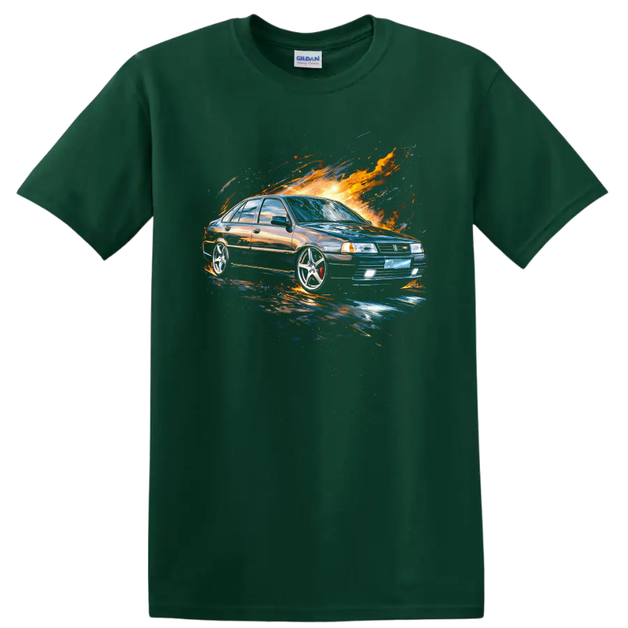 Nissan Cefiro A31 drifting car graphic with fiery splash artwork on T shirt on a Forest Green T Shirt