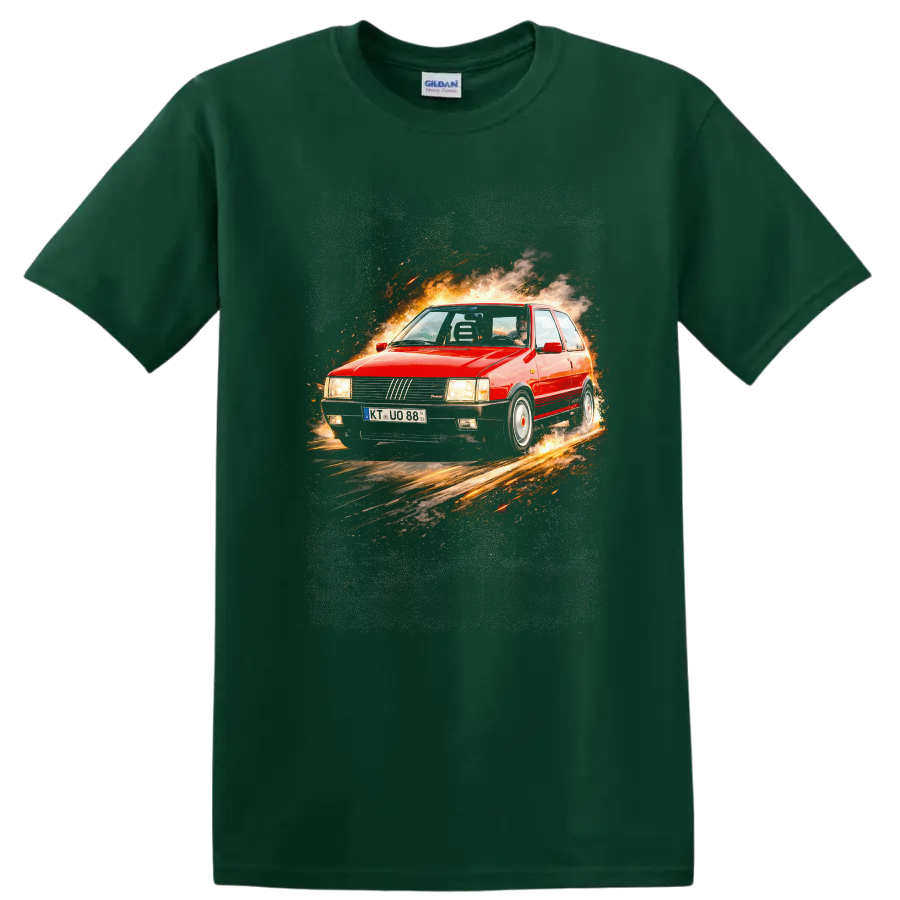 Red Fiat Uno Turbo i.e. MK1 graphic print with fiery smoke and sparks on a Forest Green T Shirt