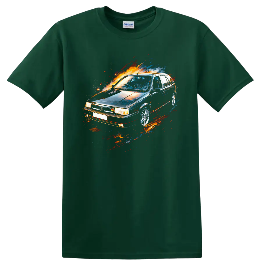 Fiat Tipo old car graphic print with colorful motion splashes on a Forest Green T Shirt
