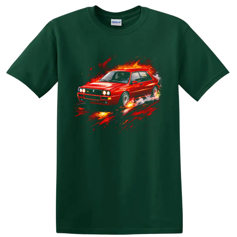 Red Lancia Delta HF Integrale Evo II old car graphic with fiery motion effects on a Forest Green T Shirt