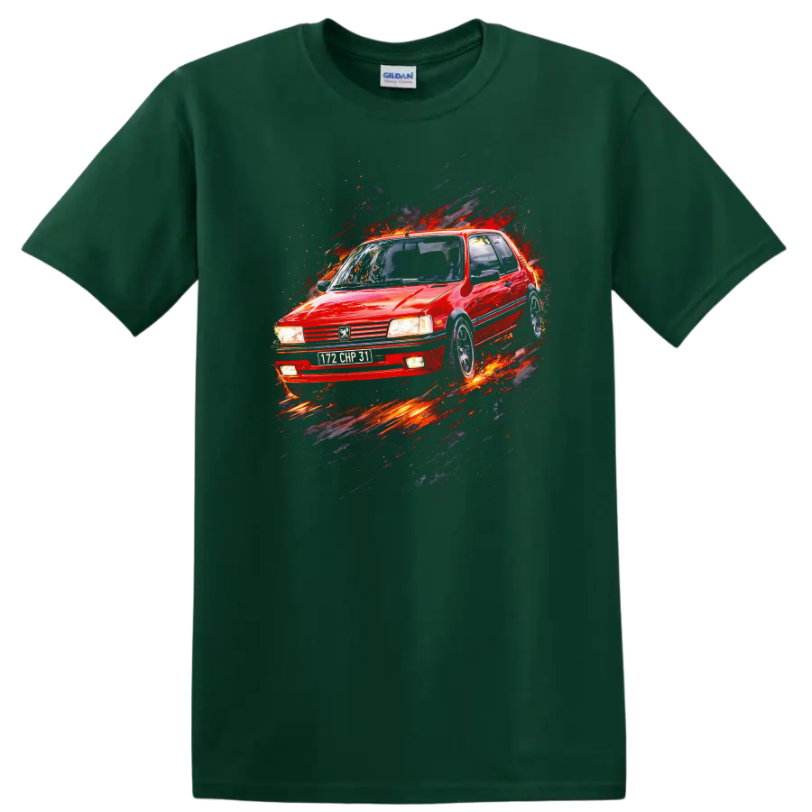 Red Peugeot 205 GTI old car graphic print with splash effect on a Forest Green T Shirt