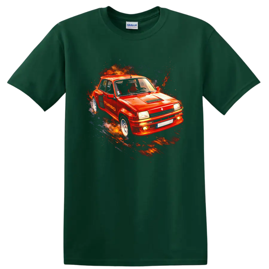 Renault 5 Turbo red old car graphic print T shirt with fiery racing splash on a Forest Green T Shirt