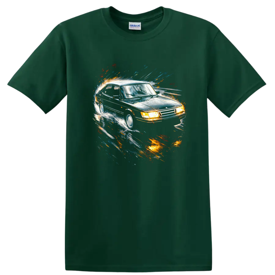 Saab 900 Turbo car graphic with colorful motion streaks on a black T shirt on a Forest Green T Shirt