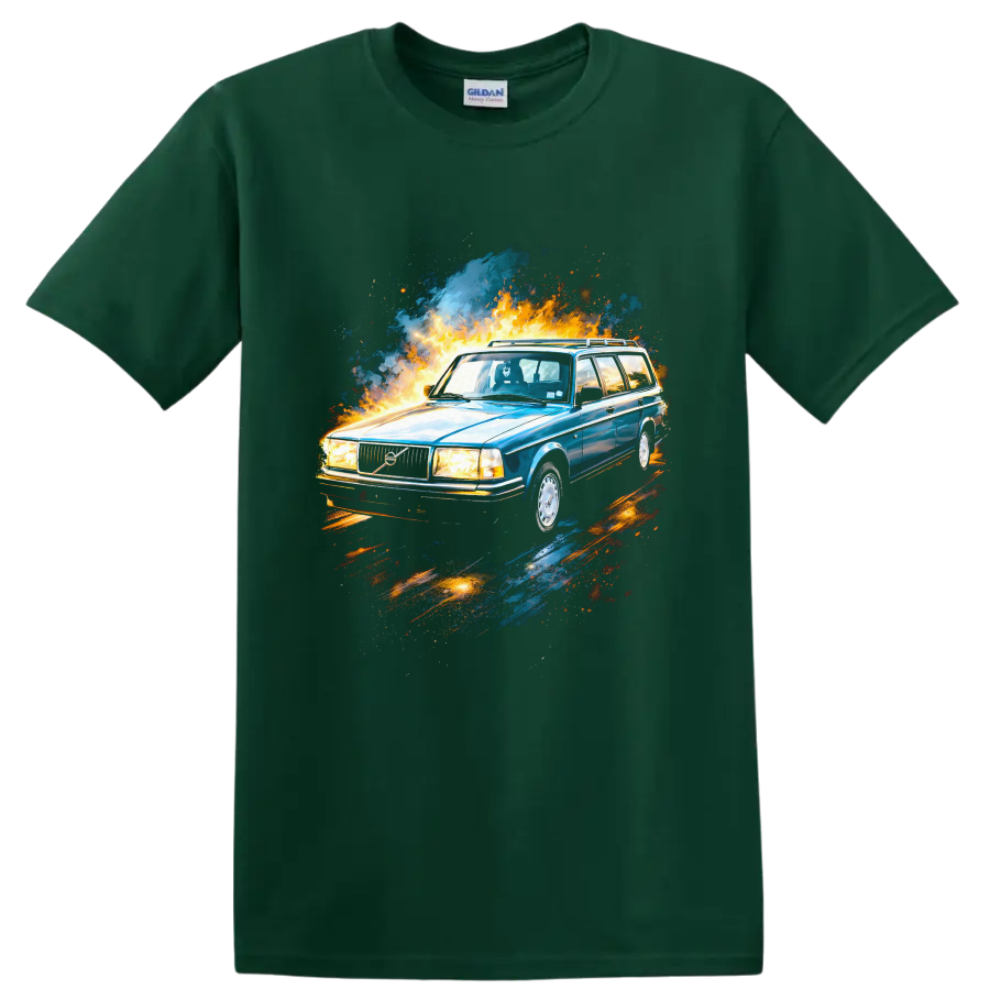 Blue Volvo 240 wagon with fire and paint splash graphic on T shirt on a Forest Green T Shirt