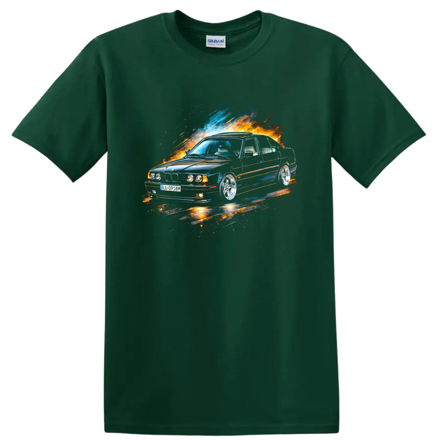 BMW E34 sedan graphic with blue and orange splash effects T-shirt on a Forest Green T Shirt