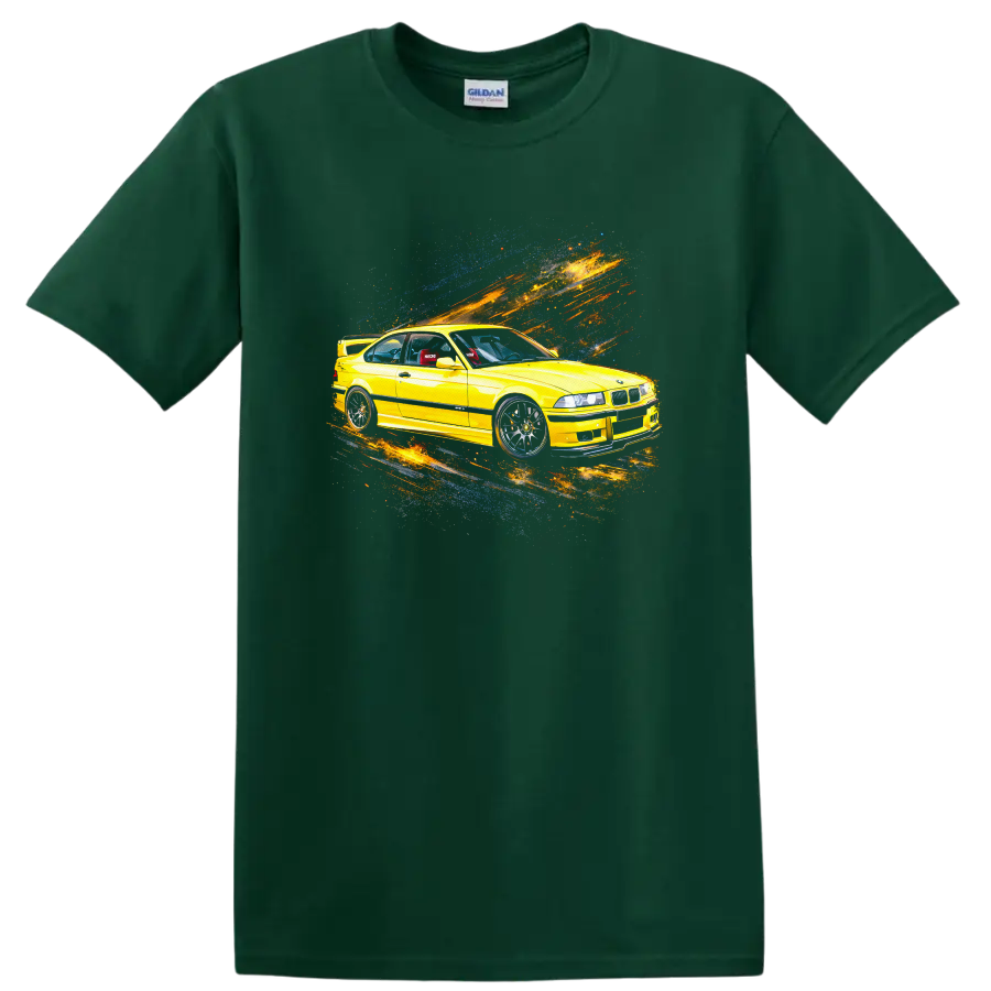 Yellow BMW E36 M3 car with colorful motion streaks graphic on T shirt on a Forest Green T Shirt